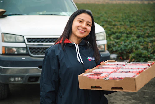 Una estudiante sonriente con una caja de fresas en el campo de fresas