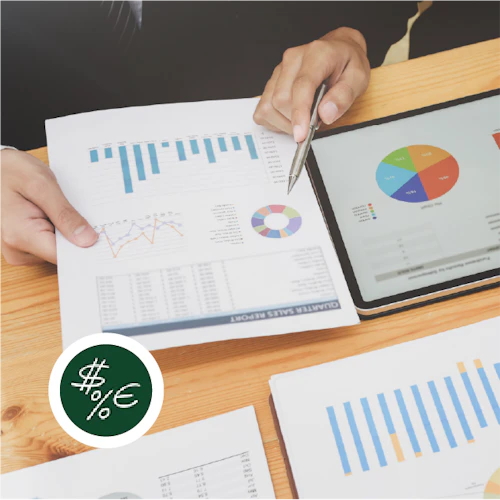 a person looking at business documents with graphs