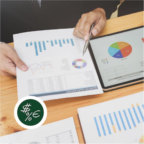 a person looking at business documents with graphs