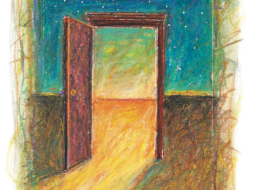 Dibujo de una puerta colorida con la puerta abierta y una luz brillando a través.