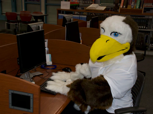 La mascota de la universidad (Sammy Seahawk) escribiendo en una computadora.
