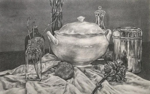 dibujo de naturaleza muerta de una tetera sobre una mesa