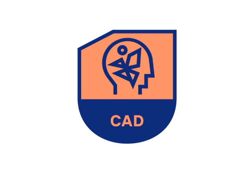 Cresta con "CAD" y figura danzante dentro de una cabeza humana