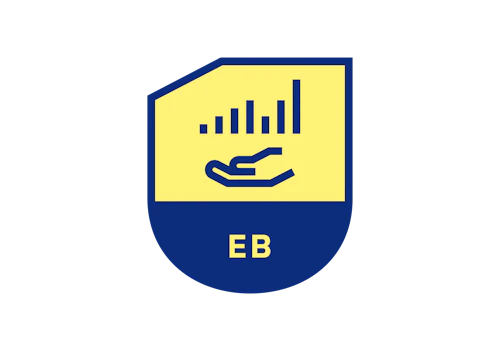Cresta con "EB" y una mano humana debajo de un gráfico de barras