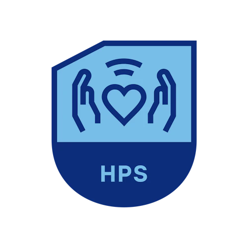 Cresta con "HPS" y dibujo de una mano a cada lado de un ícono de corazón