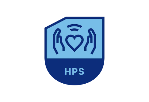 Cresta con "HPS" y dibujo de una mano a cada lado de un ícono de corazón
