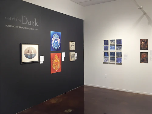 dark title wall with brightly color photograms of plastic objects
