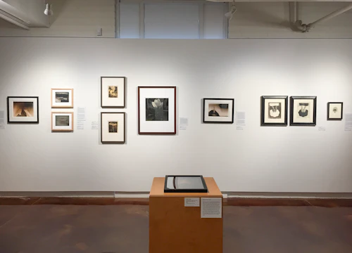 installation view of multiple framed works on long wall