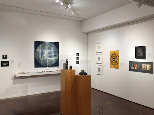 installation view with works on wall and on pedestals