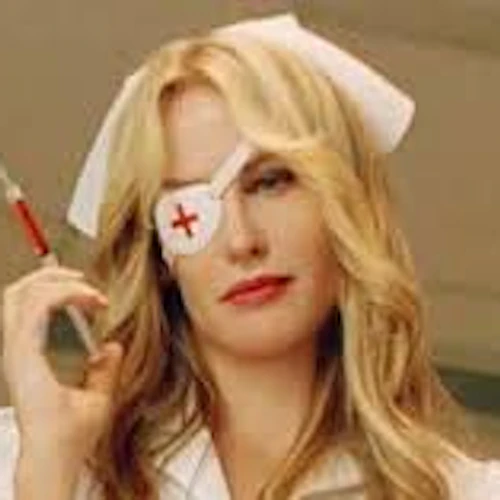 Character Elle Driver dressed as a nurse from film "Kill Bill"