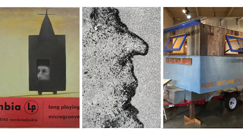 Three images abstract artwork created from repurposed materials