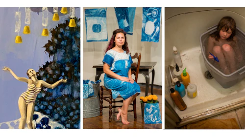 Three images depicting women in different arrangements