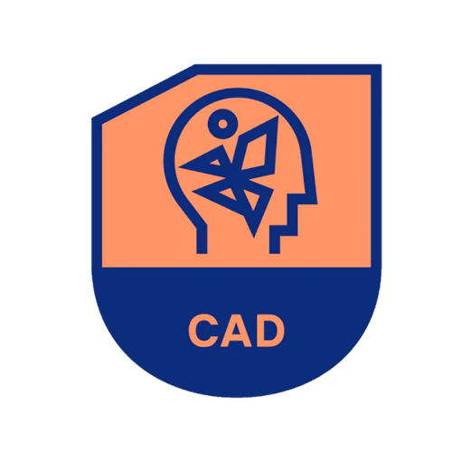 Cresta con "CAD" y figura danzante dentro de una cabeza humana