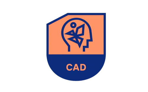 Cresta con "CAD" y figura danzante dentro de una cabeza humana