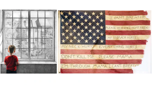 image on left is a drawing of a young boy looking out of a large window. image on right is a torn American flag with text "everything hurts"