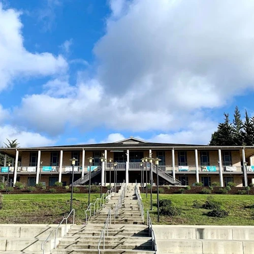 Stairs to the Library, with blue sky and clouds