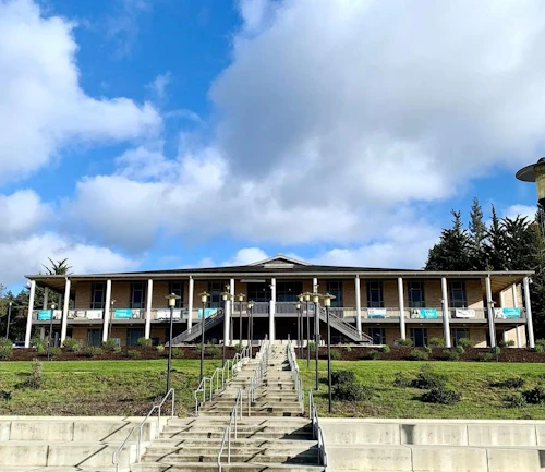 Stairs to the Library, with blue sky and clouds