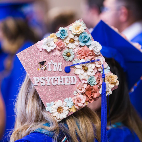student mortar board with words I'm psyched