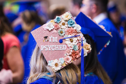 student mortar board with words I'm psyched
