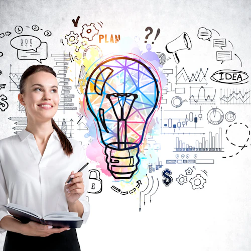 mujer con un foco dibujado en el fondo