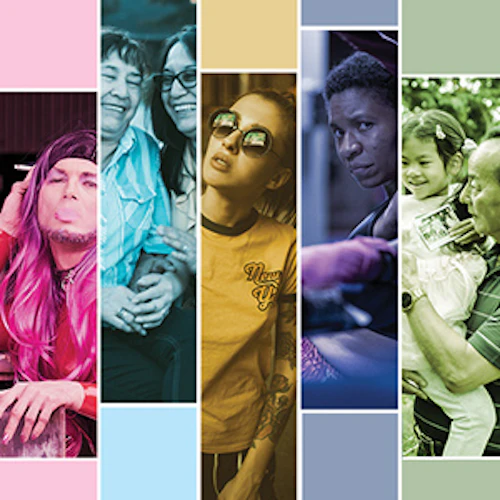 colored striped bands with tinted photos of a wide variety of kinds of people