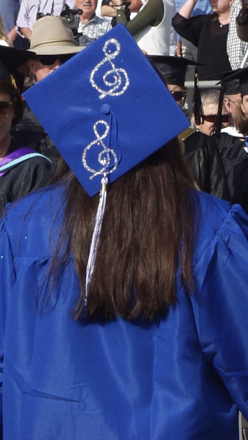 Decorative image: graduation cap with music notes glued on in glitter
