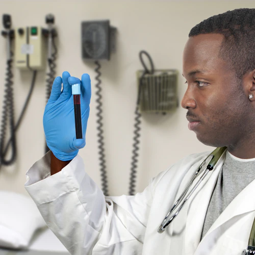 Male phlebotomist holding a test tube of blood