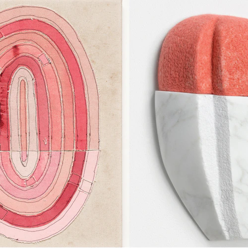 Jonathan Parker, "#330" tiras circulares de lienzo pintado en tonos de rosa bordadas sobre lienzo + Stephanie Robison "Split" tela de salmón rosa y escultura de mármol en forma suave de gota llorosa.