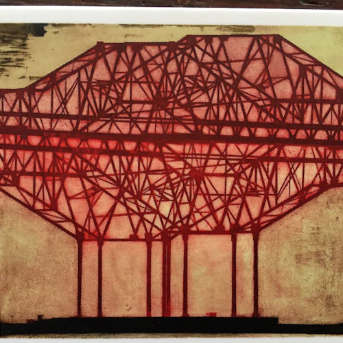 Jenny Robinson "Infraestructura" imagen abstracta parece un puente industrial en color rojo