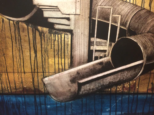 Jenny Robinson, dibujo detallado y pintura de un depósito industrial de basura