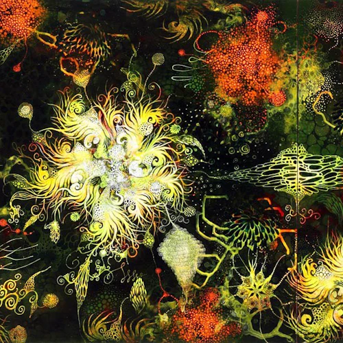 Carrie Lederer painting detail, black background, abstract floral shapes, in red, greens and yellows.