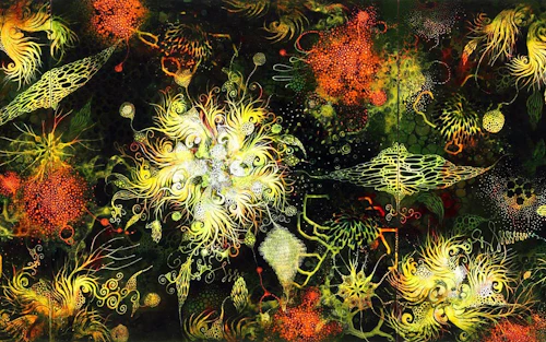 Carrie Lederer painting detail, black background, abstract floral shapes, in red, greens and yellows.