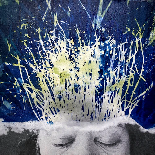 image of an abstract painting with blue and green grass like image on top of a black and white photography of a persons eyes