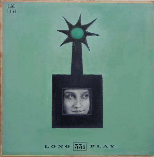 Gina Pearlin, "Luz de invierno", pintura de un rostro dentro de una televisión abstracta con fondo verde azulado claro