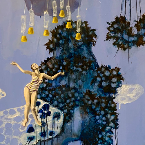 Andrea Boursuk pintura de medio mixto de figura con mascarillas de oxígeno de avión flotando sobre su cabeza