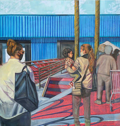 Mandel "Trader Joes" pintura de una fila de personas esperando afuera de un supermercado Trader Joe's durante la pandemia