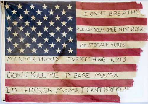 Katy Drury Anderson "Mancha de una Nación" imagen de una Bandera Americana con texto- "todo duele"
