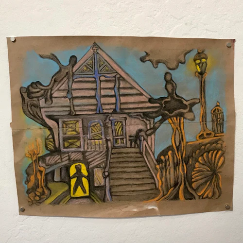 painting of an old house with abstract figures