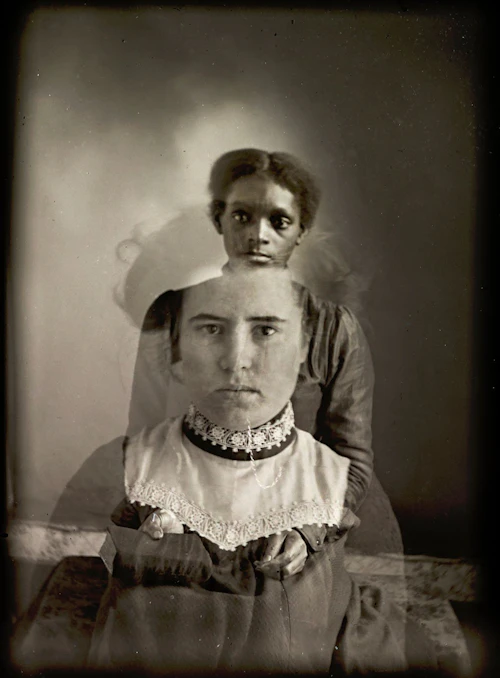 Hugh Mangum double exposed photograph of a light skinned woman in front and and African American girl in the background