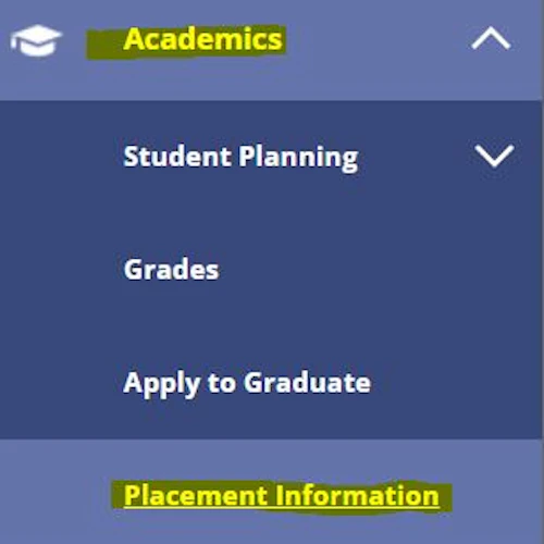 Captura de pantalla de la Navegación de Autoatención a la Información de Colocación. Las palabras Académicos e Información de Colocación están resaltadas