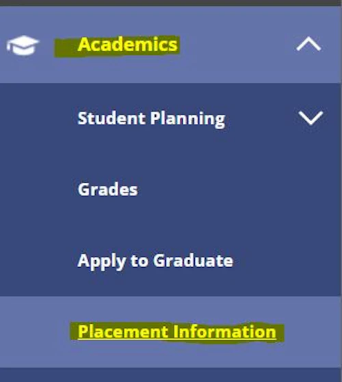 Captura de pantalla de la Navegación de Autoatención a la Información de Colocación. Las palabras Académicos e Información de Colocación están resaltadas