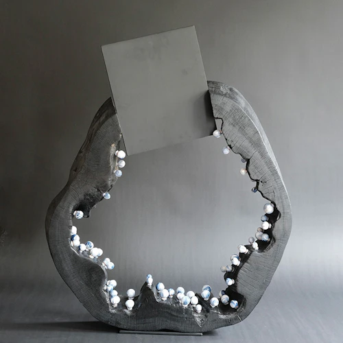 Priyanka Rana Moonlight sculpture, wood outer section of trunk, aluminum square and white nods