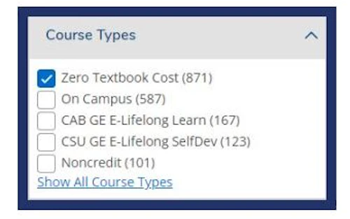 Zero textbook cost checkbox filter