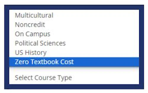 zero textbook cost drop down filter
