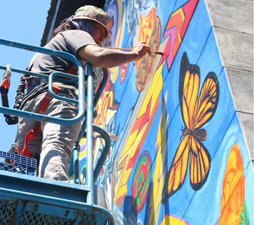 elevator mural in progress