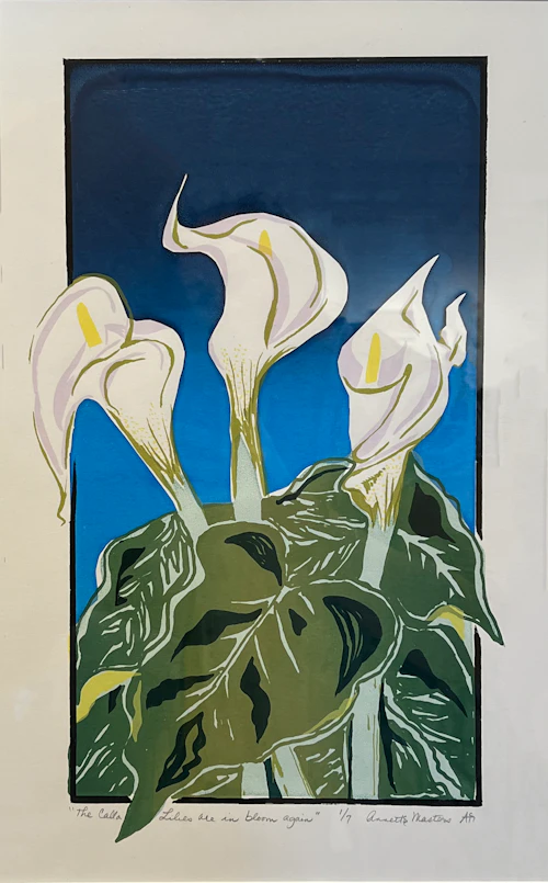 Annette Masters, "Las lirios de la vela están en flor nuevamente", acrílico tinta sobre papel • tallado con Tobin Keller