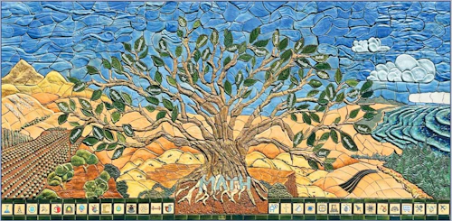 mosaic mural made of handpainted tiles with the theme of STEM pathways