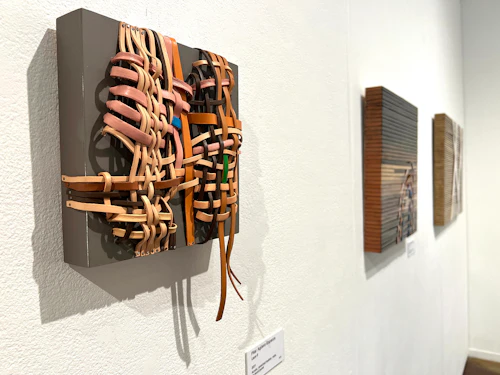 vista de instalación, "Lace 6", 2021, acrílico, cuero estirado, clavos, sobre panel de madera