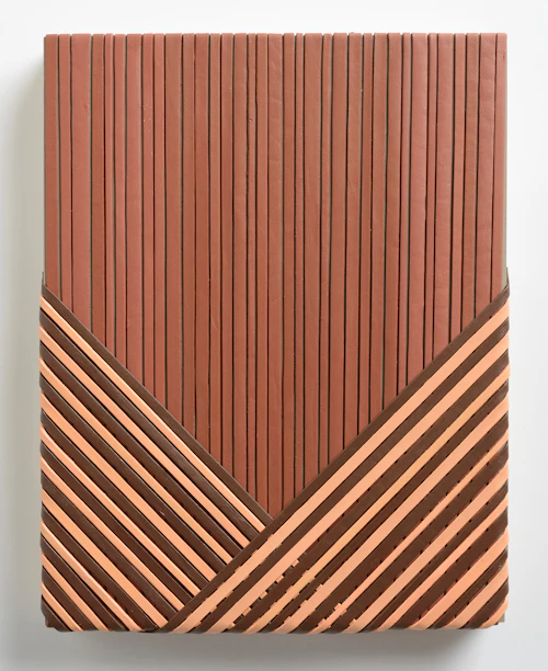 "Stratum 8," 2021, acrílico, cuero estirado, clavos, sobre panel de madera