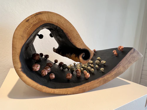 "Wave IV," oak, charred wood, fabric, polyurethane